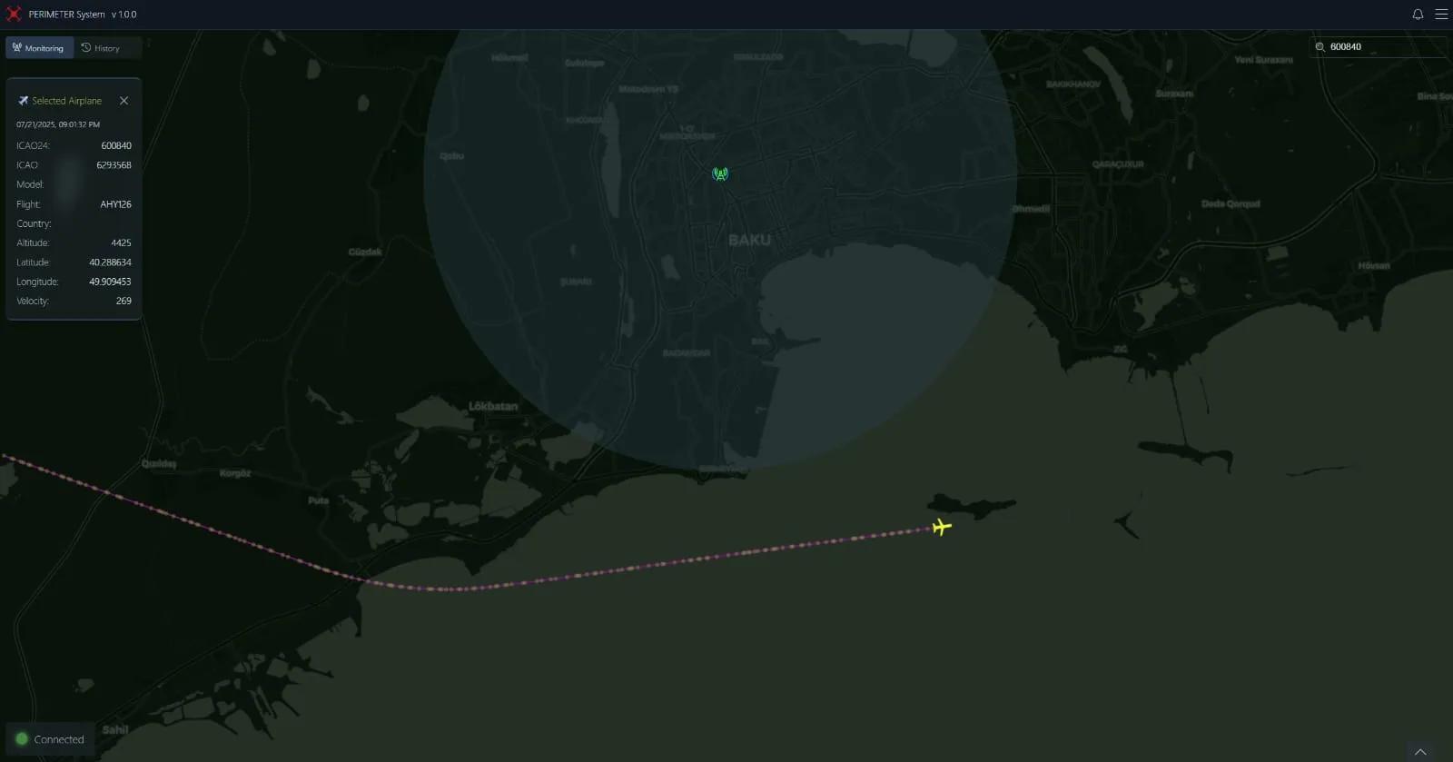 PERIMETER System map view showing a monitored area around Baku and the flight path of a tracked aircraft